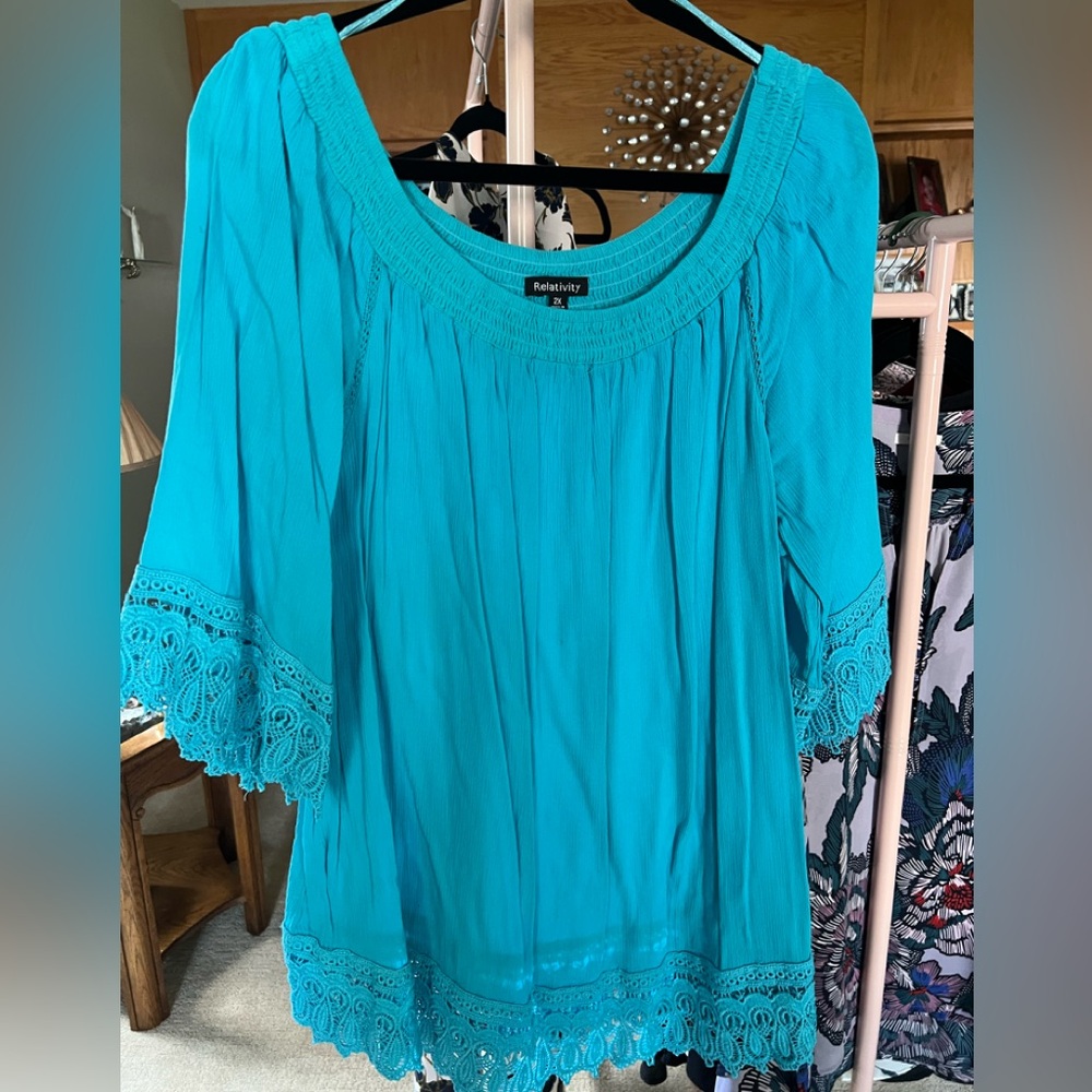 Relativity Blue Blouse with Ruffled 3/4 Sleeves